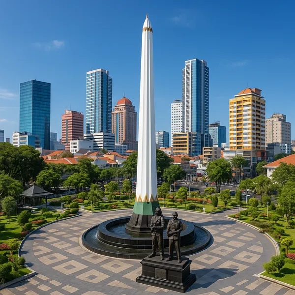 Discover a puzzle with a striking city monument rising from a leafy urban park, a tall white obelisk framed by bronze statues at its base and a backdrop of colo