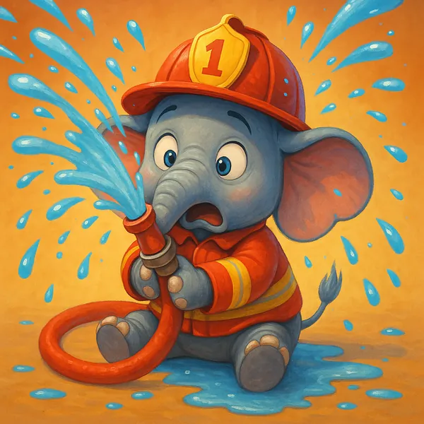 Enjoy assembling a puzzle depicting an adorable baby elephant dressed as a firefighter, complete with a bright red helmet marked “1” and a cozy red-and-yellow c