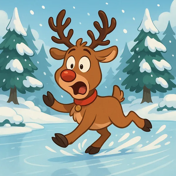 Enjoy an online jigsaw puzzle designed for browser play, featuring a playful winter animal scene with an adventurous cartoon reindeer.