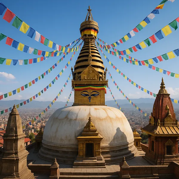 Discover a puzzle with a sunlit Buddhist stupa crowned in gold and white, surrounded by fluttering multicolored prayer flags stretching across a clear blue sky.