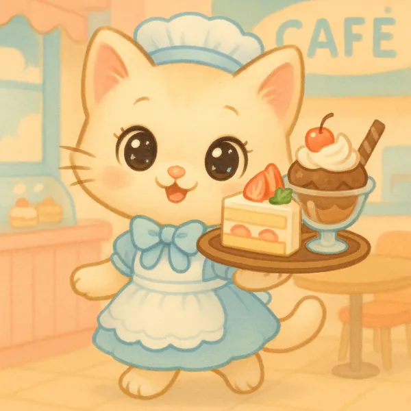 Discover a puzzle with an adorable cream-colored kitten waitress in a soft blue maid dress, carrying a tray with a slice of strawberry cake and a chocolate sund