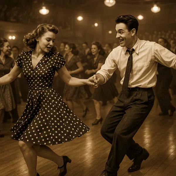 Discover a puzzle with a sepia-toned, vintage dance hall scene showing a joyful couple swing-dancing—she in a polka-dot dress and he in rolled trousers and a lo