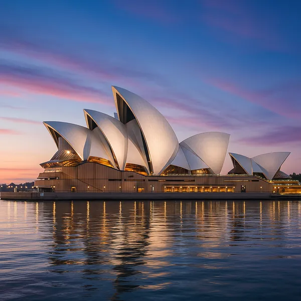 Discover a puzzle with elegant sail-like white shells rising from a calm waterfront at dusk, captured in soft pastel blues, pinks, and warm golden lights.