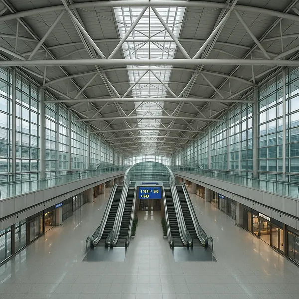 Discover a puzzle with a serene modern airport terminal interior, featuring sweeping glass walls, geometric steel trusses, and a long central skylight that floo