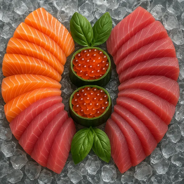 Discover a puzzle with a vibrant sushi platter arranged on crushed ice, featuring alternating slices of orange salmon and deep-pink tuna fanned in symmetrical a