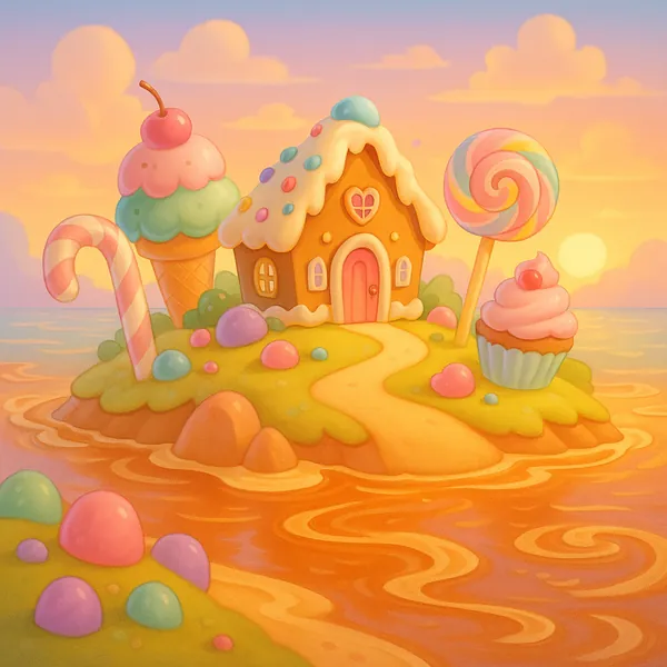 Enjoy an online jigsaw puzzle designed for browser play, featuring a whimsical candy-themed island scene that blends food and fantasy.