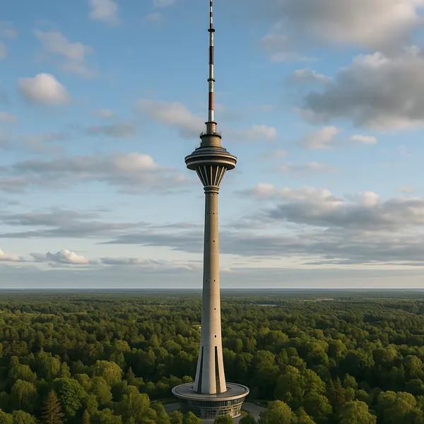 Discover a puzzle with a solitary observation tower rising above an endless green forest under a soft blue sky dotted with fluffy clouds.
