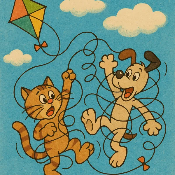 Discover a puzzle with a cheerful vintage-style cartoon of a playful cat and dog tangled in a swirling kite string against a bright blue sky dotted with fluffy