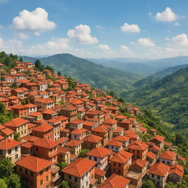 Discover a puzzle with a sunlit mountain village of terracotta rooftops cascading down a green hillside beneath a bright blue sky.