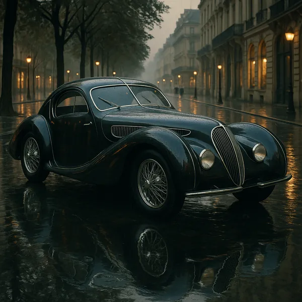 Discover a puzzle with a glossy vintage car parked on a rain-slick, tree-lined city avenue at dusk.