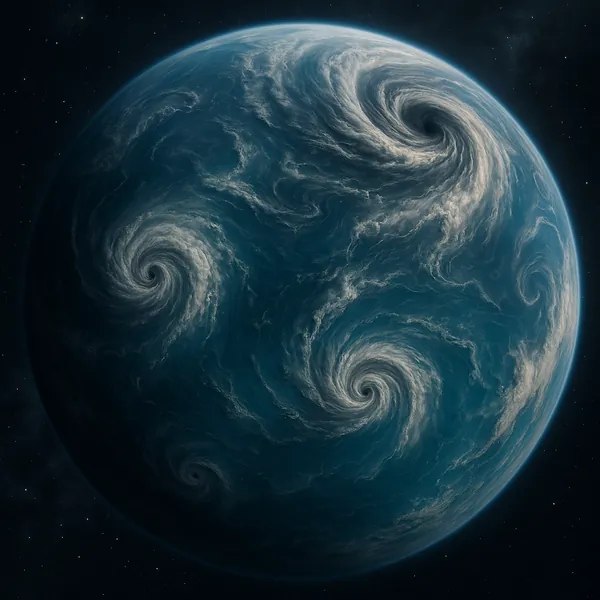 Try solving a puzzle that shows a distant, deep-blue planet draped in graceful, swirling cloud spirals against a star-speckled cosmic backdrop.