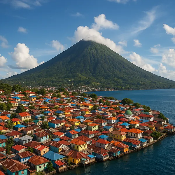 Discover a puzzle with a vibrant seaside village of colorful rooftops set beneath a towering, green volcanic cone capped by a wisp of cloud.