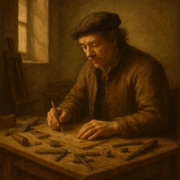 Odkryj puzzle z kameralną sceną przedstawiającą stolarza w stylu vintage przy warsztacie, delikatnie rzeźbiącego w ciepłym, złocistym świetle małego okna.