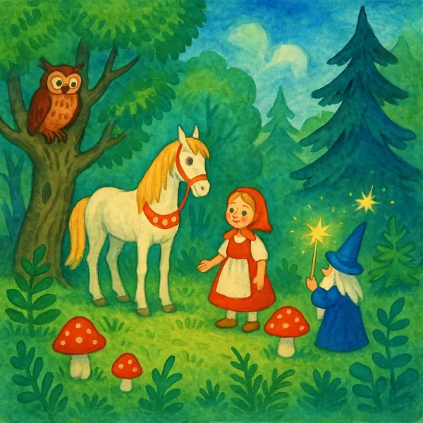 Discover a puzzle with a charming woodland scene from a fairy-tale world: a warm-red cloaked girl meeting a gentle white horse while a little blue-robed wizard