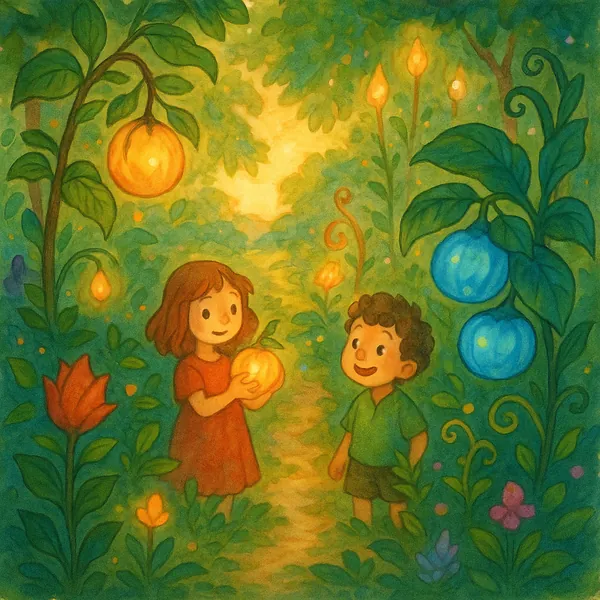 Discover a puzzle with a whimsical scene of two children in a glowing, enchanted garden, perfect as a jigsaw puzzle on PuzzleFree.Game.