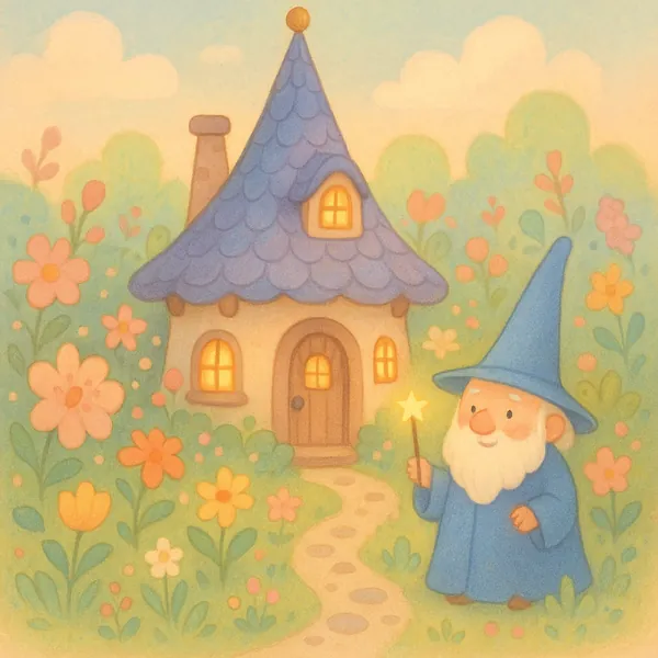 Enjoy assembling a puzzle depicting a whimsical pastel scene: a tiny, storybook cottage with a blue scalloped roof and warm glowing windows nestled among soft g