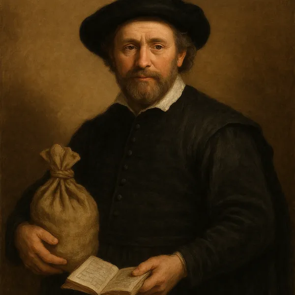 Discover a puzzle with a warm, classic portrait of a bearded man in dark, period clothing holding a small sack and an open book.
