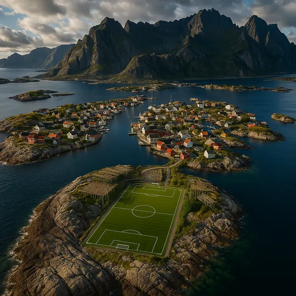 Discover a puzzle with a charming coastal village spread across rocky islets, framed by dramatic, shadowed mountains and calm, deep-blue waters.