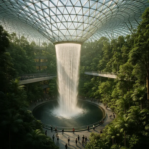 Discover a puzzle with a dramatic indoor waterfall cascading from a geometric glass dome into a circular pool, surrounded by lush green trees and winding walkwa