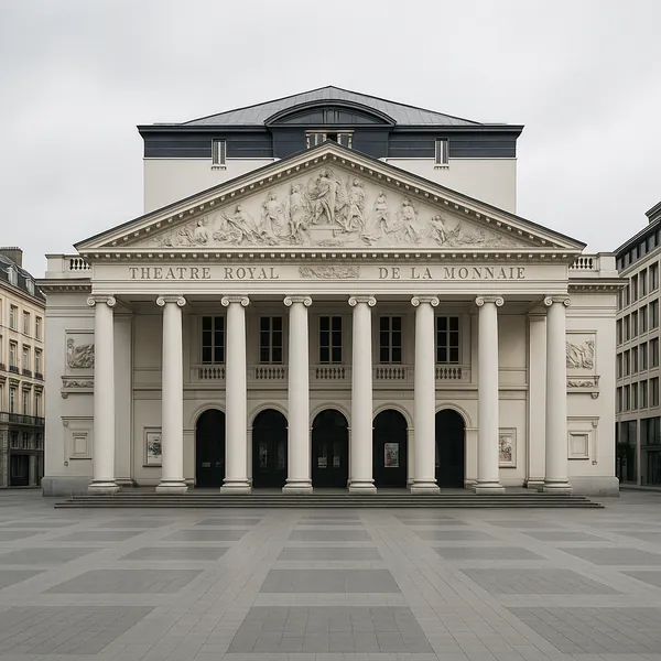 Discover a puzzle with the stately neoclassical façade of the Théâtre Royal de la Monnaie, captured in soft cream and muted grey tones.