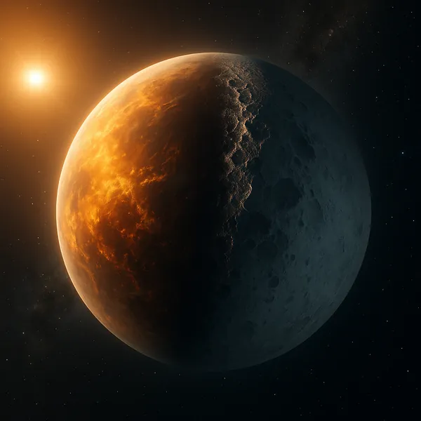 Discover a puzzle with a dramatic celestial scene showing a half-illuminated planet bathed in molten orange light on one side and cool, cratered gray rock on th
