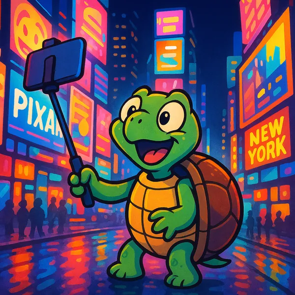 Enjoy assembling a puzzle depicting an adorable cartoon turtle taking a selfie in a neon-lit cityscape.