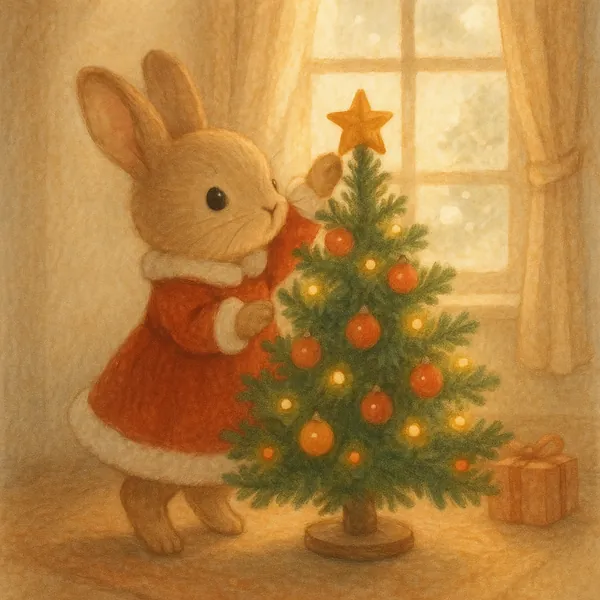 Enjoy an online jigsaw puzzle designed for browser play, featuring a sweet animal and holiday theme with a little bunny decorating a Christmas tree.