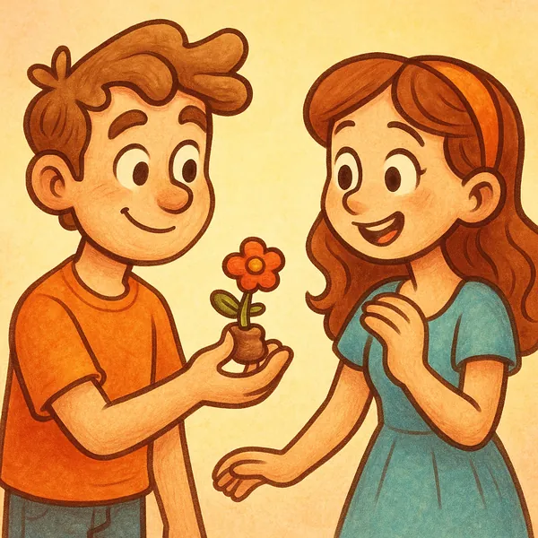Discover a jigsaw puzzle on PuzzleFree.Game featuring a warm, charming cartoon scene of a boy offering a small potted flower to a smiling girl.
