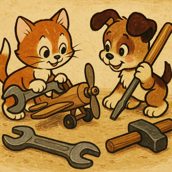 Discover a puzzle with an adorable vintage-style illustration of a kitten and a puppy tinkering together on a wooden toy airplane amid scattered tools.