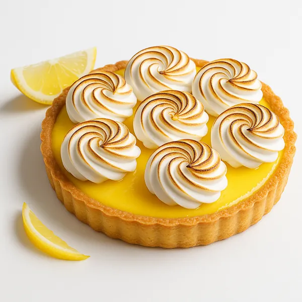 Discover a puzzle with a bright lemon tart topped by seven perfectly swirled, lightly toasted meringue rosettes and a couple of fresh lemon wedges.