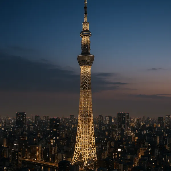Discover a puzzle with an illuminated observation tower rising above a twinkling city at dusk.