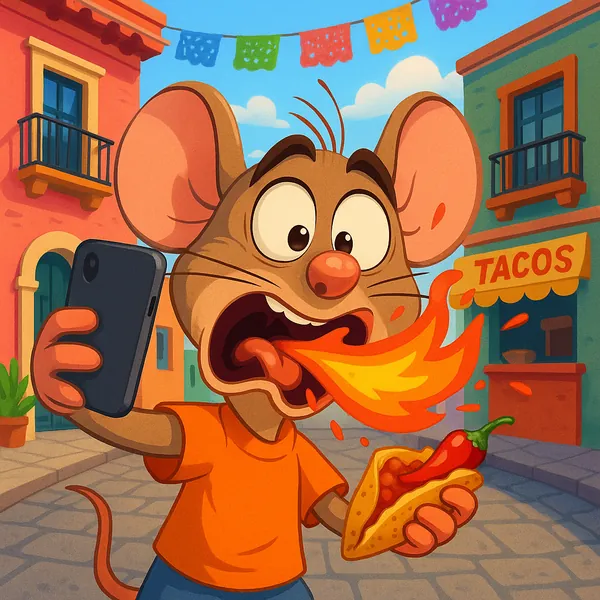 Enjoy assembling a puzzle depicting a playful cartoon mouse taking a selfie while a fiery bite of a spicy taco sends flames flying in a colorful Mexican street.