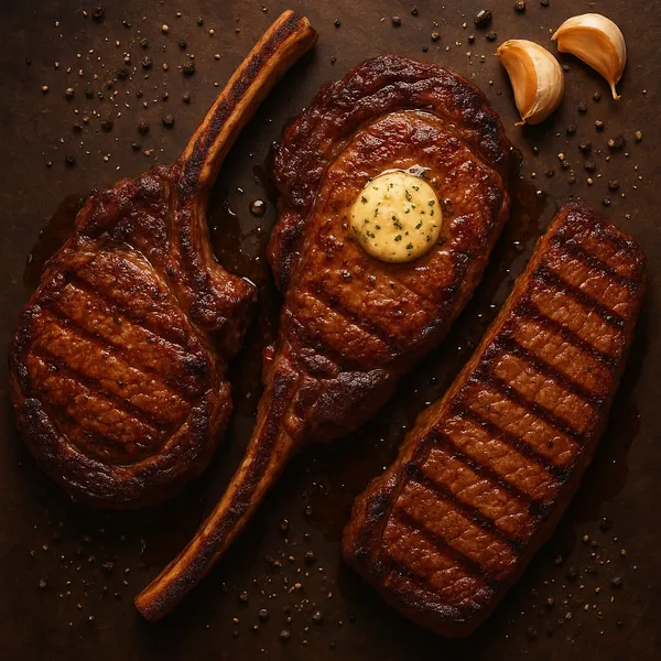Enjoy assembling a puzzle depicting three perfectly grilled steaks — two bone-in cuts and a juicy strip, glazed with rich brown char marks, a pat of herb butter
