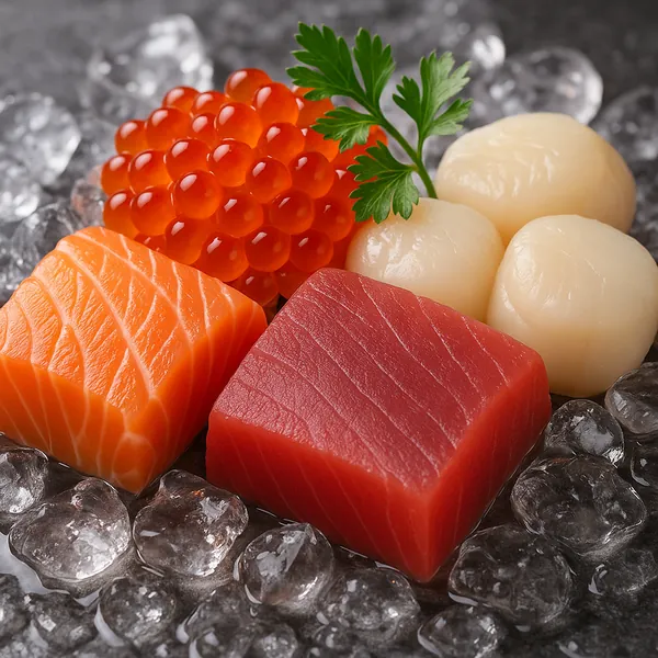 Discover a puzzle with a close-up arrangement of vibrant sashimi and seafood on ice — bright orange salmon, deep red tuna, glossy salmon roe, and creamy scallop