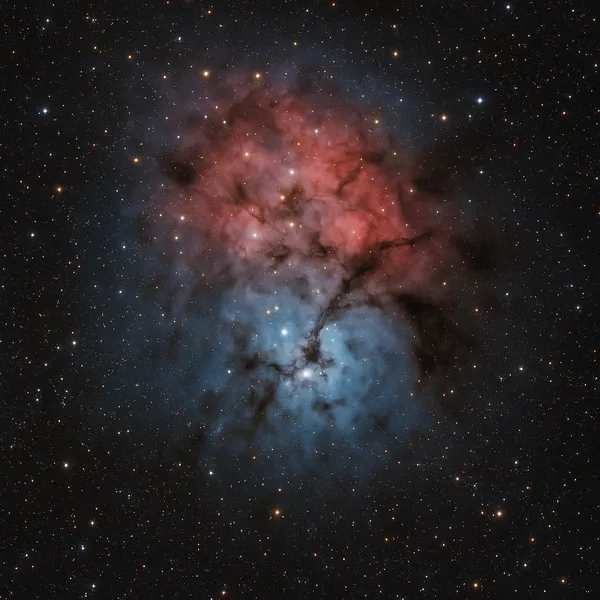 Discover a puzzle with a stunning cosmic nebula glowing in rich reds and cool blues, framed by intricate dark dust lanes and a sparkling field of stars — an ins