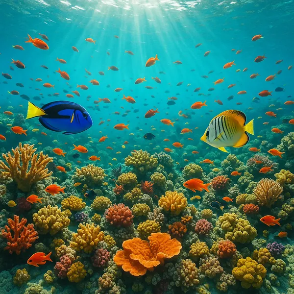 Play an online jigsaw puzzle in your browser that shows a vibrant coral reef teeming with colorful sea life.
