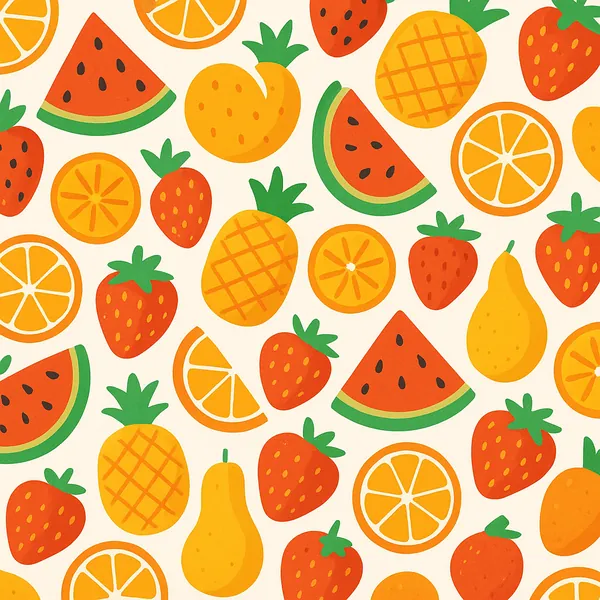 Enjoy an online jigsaw puzzle designed for browser play, featuring a cheerful assortment of fruit in a playful, contemporary style.