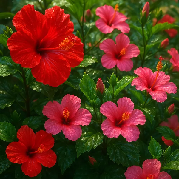 Enjoy assembling a puzzle depicting a lush spray of hibiscus blooms in vivid reds and pinks, set against glossy green foliage dotted with dewy highlights.
