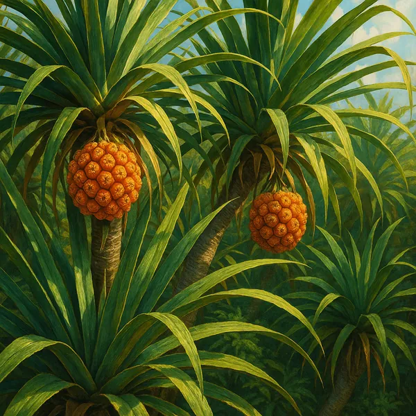 Discover a puzzle with a lush tropical scene of pandanus-like trees bearing bright orange clustered fruits amid sweeping, long green leaves.