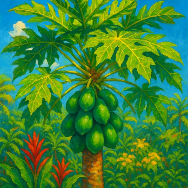 Discover a puzzle with a vibrant tropical painting of a papaya tree, its large, sunlit green leaves fanning out against a clear blue sky and a lush cluster of g