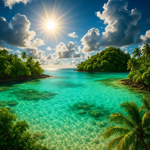 Discover a puzzle with a sunlit tropical cove featuring vivid turquoise waters, lush green palm-fringed islets, and dramatic fluffy clouds against a deep blue s