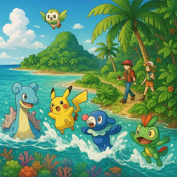 Discover a puzzle with a lively tropical scene featuring cute, colorful creatures splashing in turquoise water beside a lush, palm-fringed island.