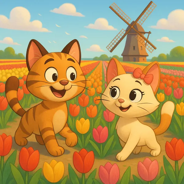 Discover a puzzle with two adorable cartoon kittens frolicking through a vibrant tulip field beneath a sunny sky and a charming windmill.