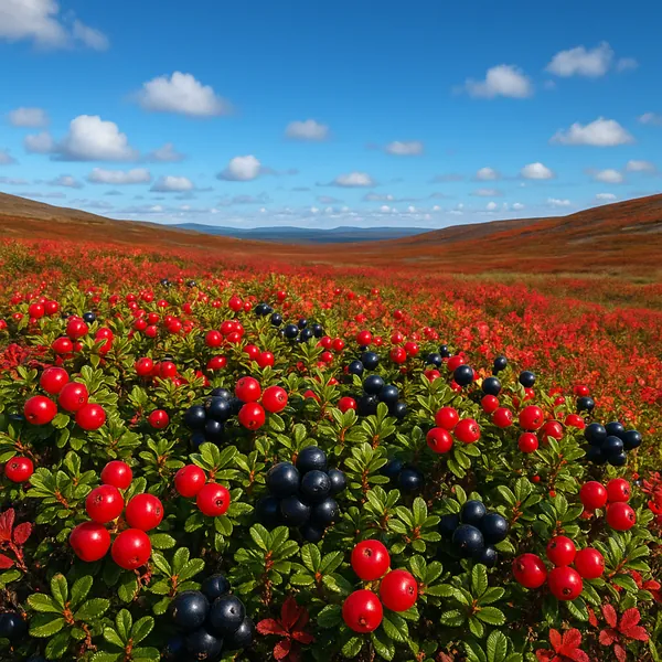 Discover a puzzle with a close-up of glossy red and deep blue berries clustered among glossy green leaves, set against a sweeping field of red tundra and gentle