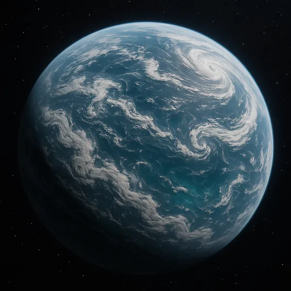 Discover a puzzle with a stunning ocean planet floating against a starry black sky, its deep blues and turquoise seas veiled by swirling white cloud formations
