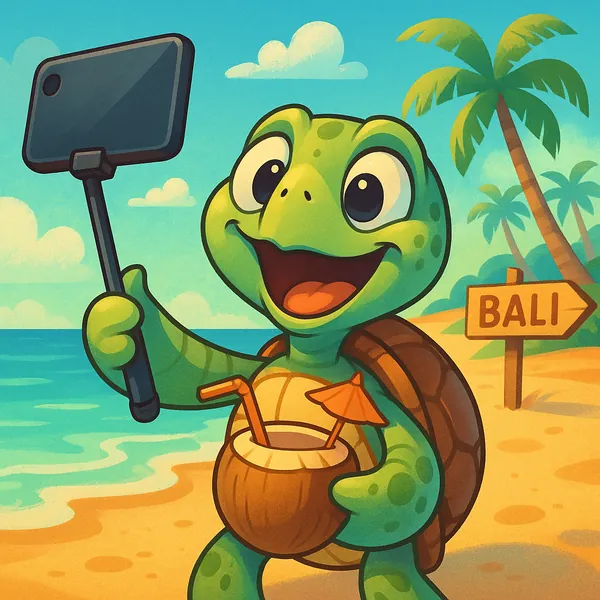 Enjoy assembling a puzzle depicting a cheerful cartoon sea turtle on a sunny Bali beach, holding a coconut drink and a selfie stick.