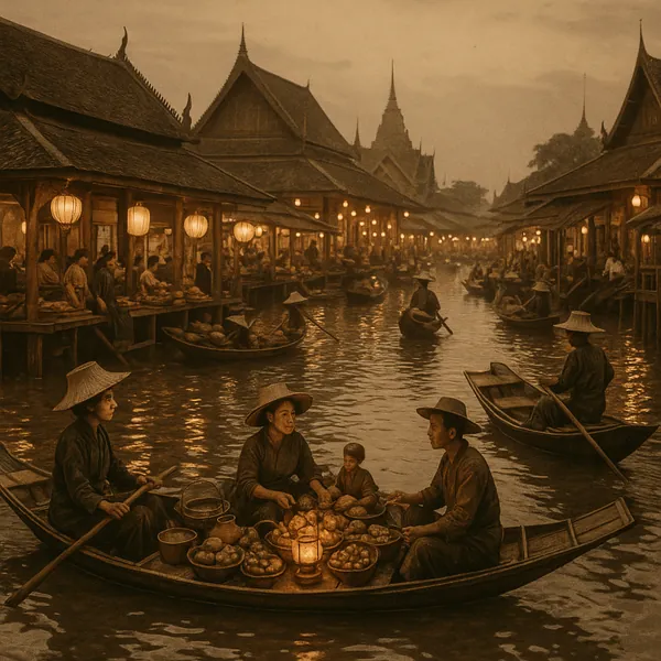 Discover a puzzle with a tranquil, sepia-toned scene of a traditional floating market, where wooden boats full of fruit and goods drift along a lantern-lit cana