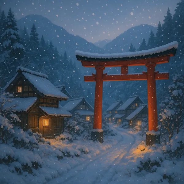 Discover a puzzle with a snowy Japanese village scene centered on a bright red torii gate framed by dimly lit, timber-roofed houses.