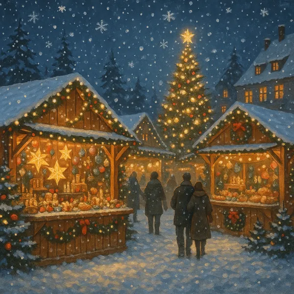 Enjoy assembling a puzzle depicting a cozy snowy Christmas market at dusk, with warmly lit wooden stalls and a towering, twinkling Christmas tree at the center.