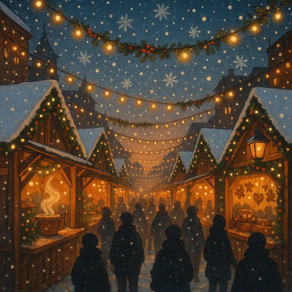 Enjoy an online jigsaw puzzle designed for browser play, featuring a cozy winter market scene full of festive lights and snowy rooftops.